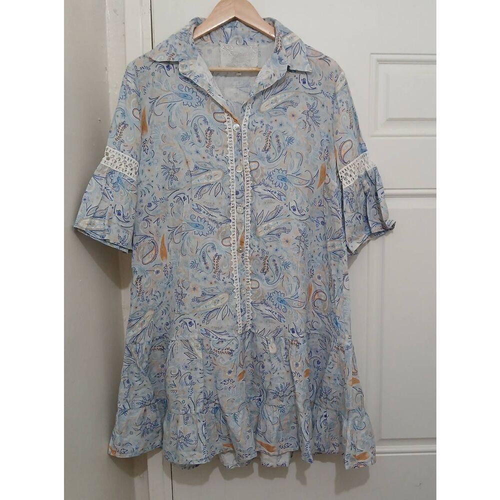 Temptation postiano womens large paisley 100% ITALIAN LINEN blue flare dress